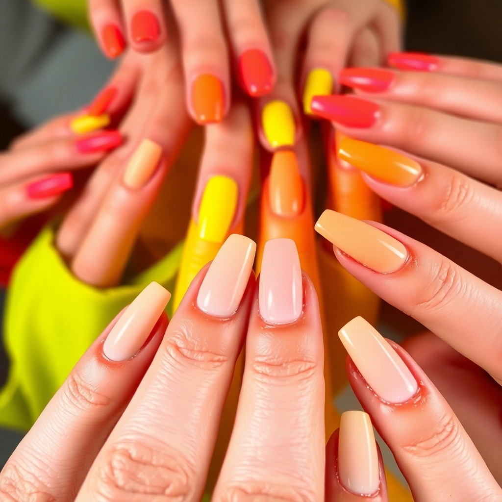 This image has an empty alt attribute; its file name is Bright-vibrant-colors-high-angle-perspective-of-cream-nail-designs-grouped-together-looking-down-elevated-lively-and-energetic.jpg